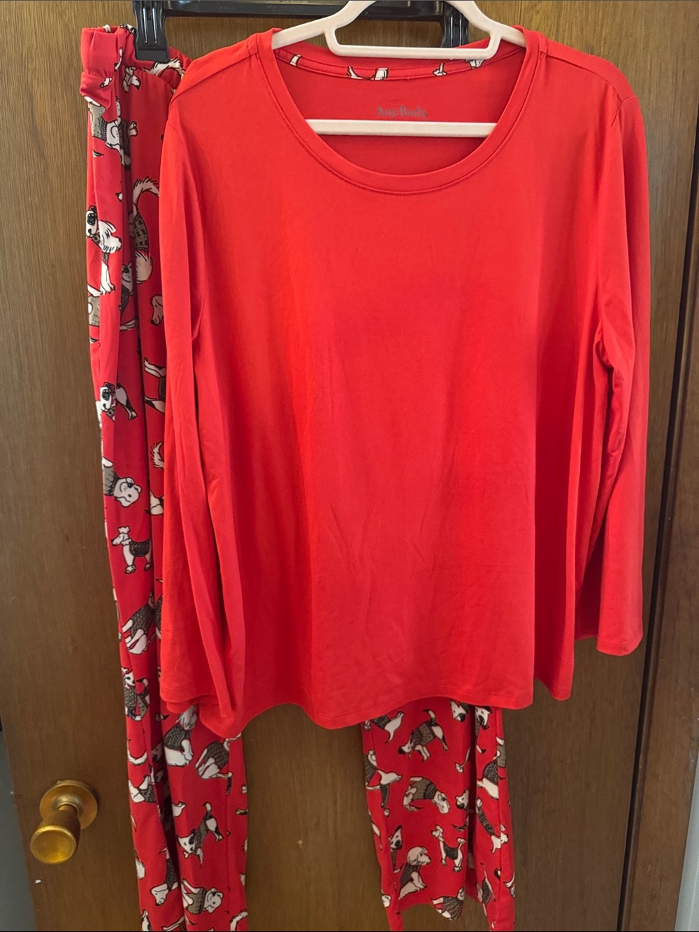 AnyBody Red Long-Sleeve Pajama Top with Dog Printed Red Pants